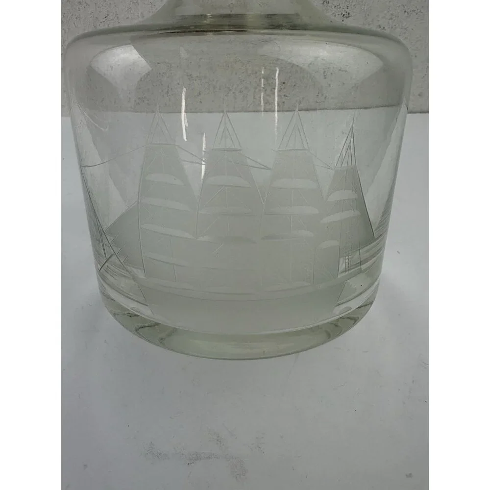 Vintage Etched Glass Decantur & 5 Glasses Clipper Ship Nautical Bar Barware